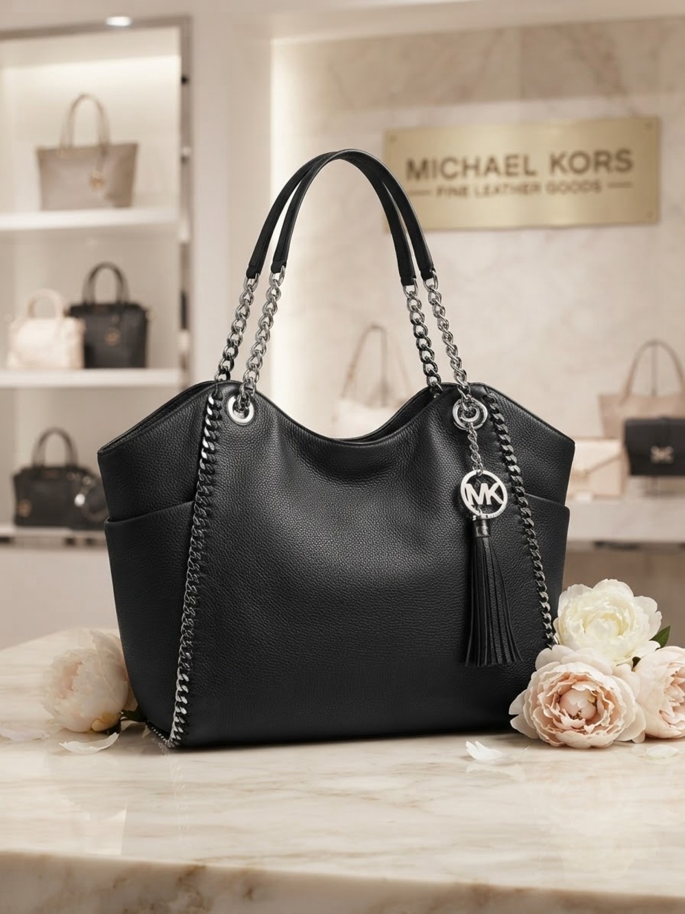 Michael Kors Black Leather Chain-Trim Tote with Tassel Charm
